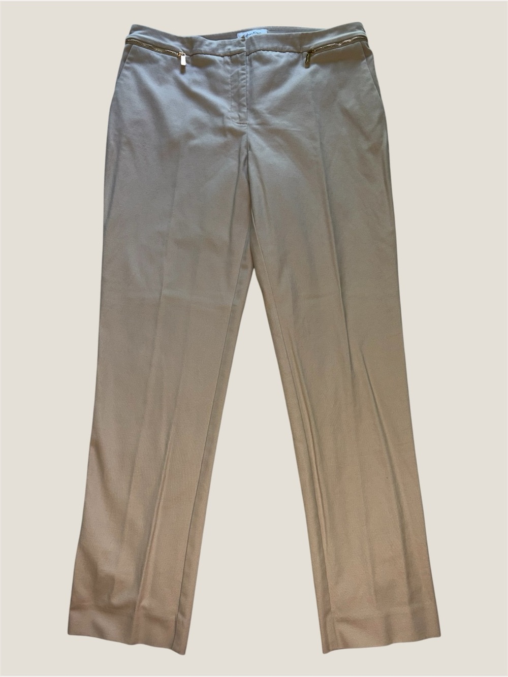 Calvin Klein Tan Pants with Gold Pocket Zipper Accents